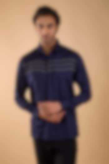 Navy Blue Cotton Satin Embroidered Party Wear Shirt by Spring Break Men at Pernia's Pop Up Shop