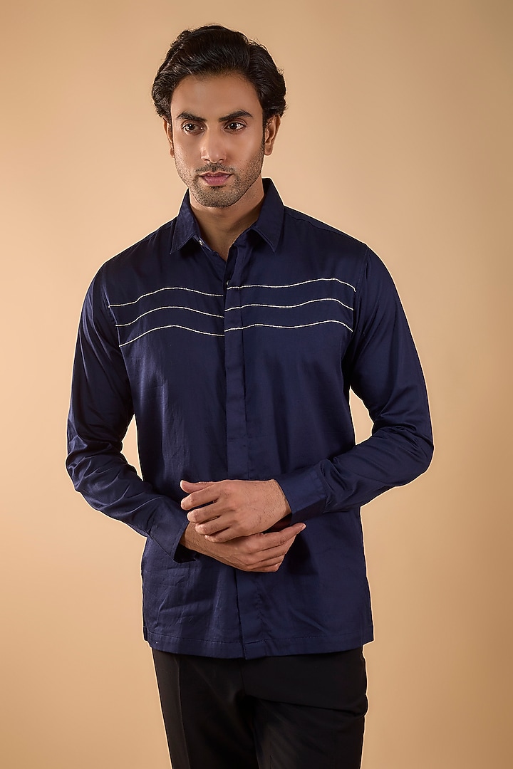 Navy Blue Cotton Satin Embroidered Party Wear Shirt by Spring Break Men at Pernia's Pop Up Shop