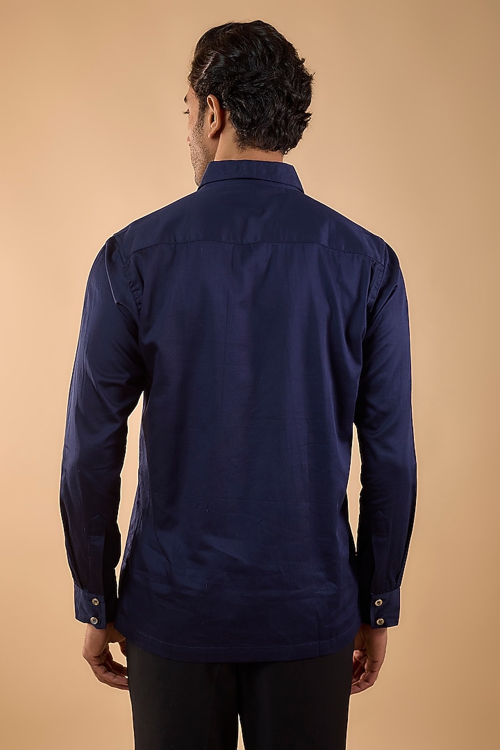 Navy Blue Cotton Satin Embroidered Party Wear Shirt by Spring Break Men at Pernia's Pop Up Shop