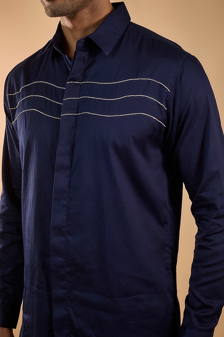 Navy Blue Cotton Satin Embroidered Party Wear Shirt by Spring Break Men at Pernia's Pop Up Shop