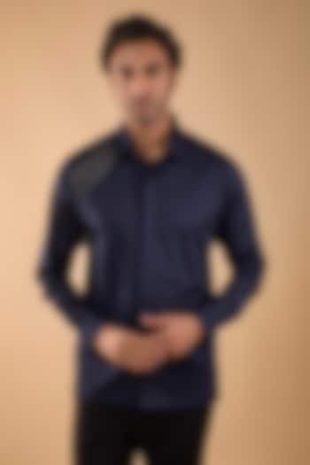 Navy Blue Cotton Satin Embroidered Party Wear Shirt by Spring Break Men at Pernia's Pop Up Shop