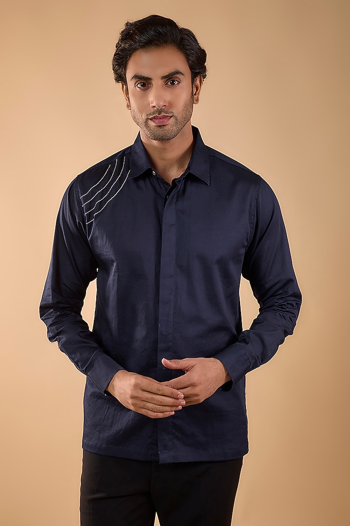 Navy Blue Cotton Satin Embroidered Party Wear Shirt by Spring Break Men at Pernia's Pop Up Shop