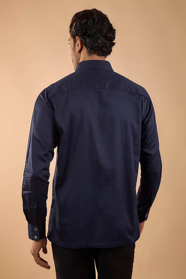 Navy Blue Cotton Satin Embroidered Party Wear Shirt by Spring Break Men at Pernia's Pop Up Shop