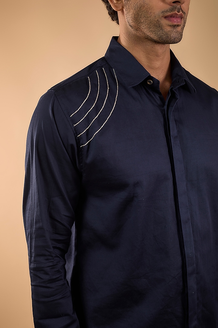 Navy Blue Cotton Satin Embroidered Party Wear Shirt by Spring Break Men at Pernia's Pop Up Shop