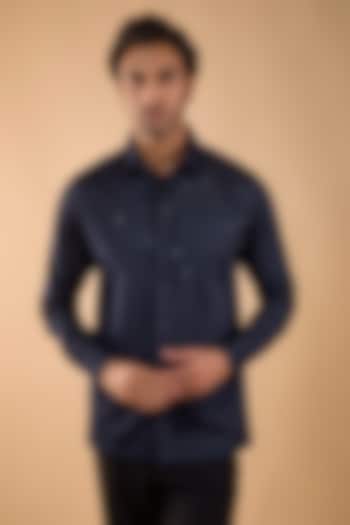 Navy Blue Cotton Satin Embroidered Party Wear Shirt by Spring Break Men at Pernia's Pop Up Shop