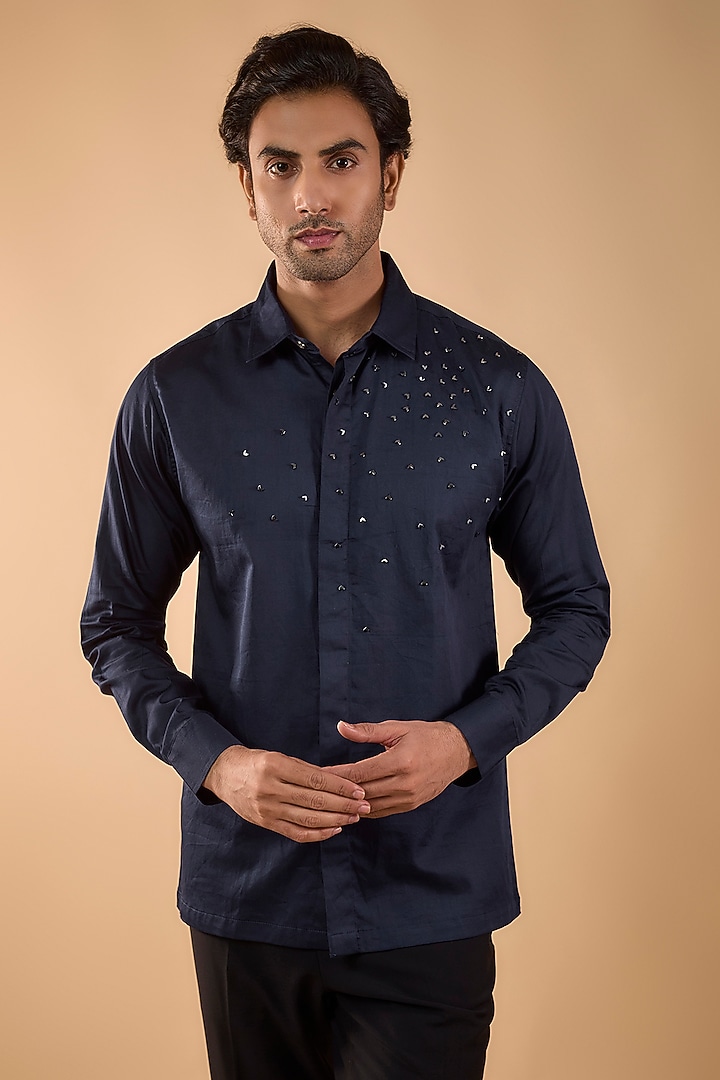 Navy Blue Cotton Satin Embroidered Party Wear Shirt by Spring Break Men at Pernia's Pop Up Shop