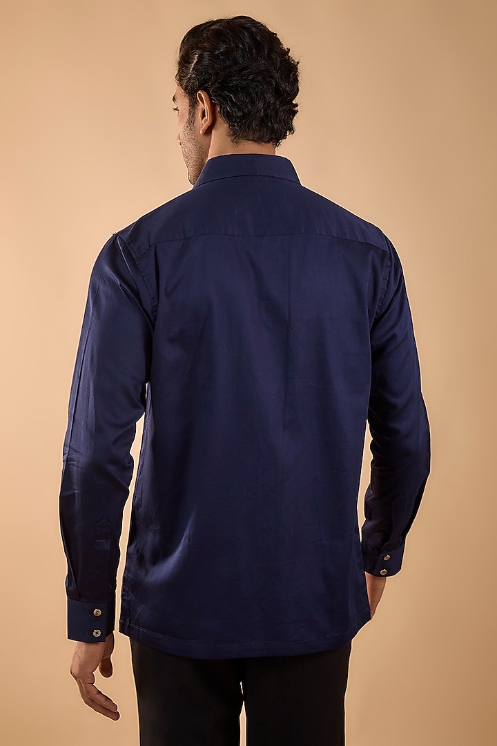 Navy Blue Cotton Satin Embroidered Party Wear Shirt by Spring Break Men at Pernia's Pop Up Shop