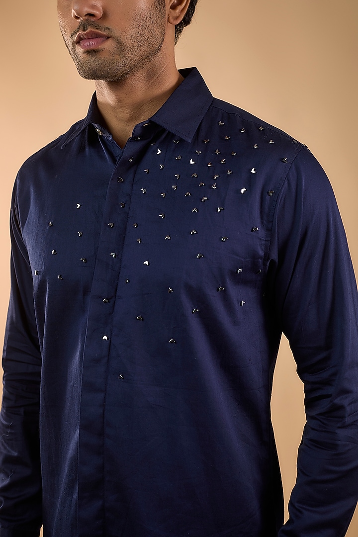 Navy Blue Cotton Satin Embroidered Party Wear Shirt by Spring Break Men at Pernia's Pop Up Shop