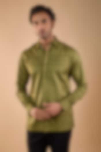 Olive Green Cotton Satin Embroidered Party Wear Shirt by Spring Break Men at Pernia's Pop Up Shop