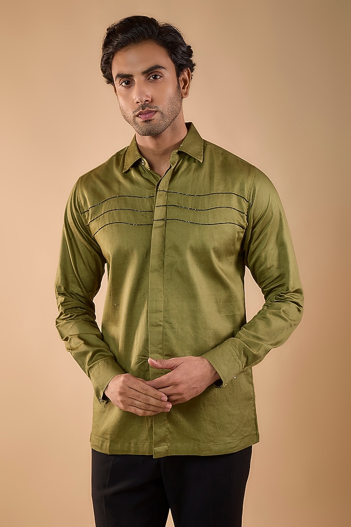 Olive Green Cotton Satin Embroidered Party Wear Shirt by Spring Break Men at Pernia's Pop Up Shop