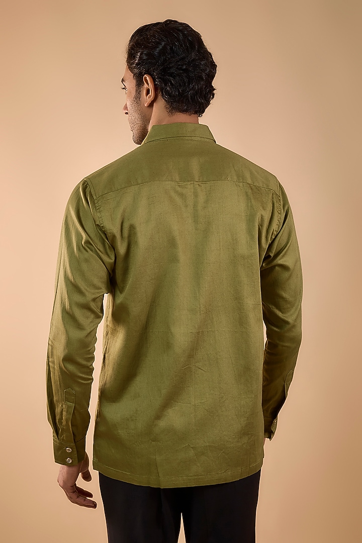 Olive Green Cotton Satin Embroidered Party Wear Shirt by Spring Break Men at Pernia's Pop Up Shop