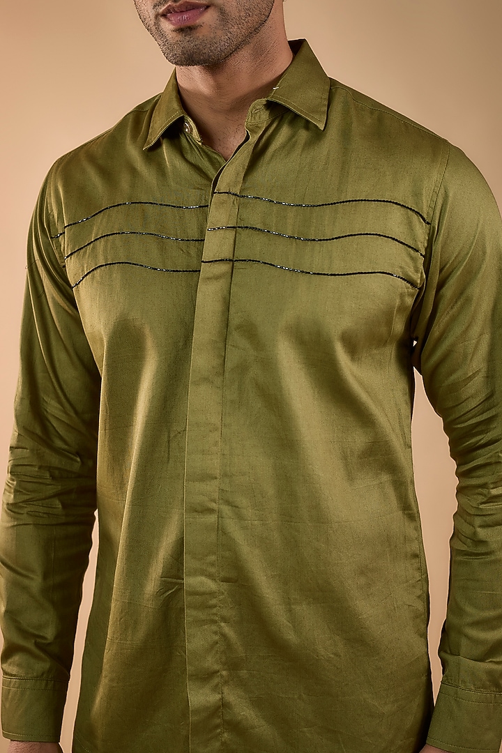 Olive Green Cotton Satin Embroidered Party Wear Shirt by Spring Break Men at Pernia's Pop Up Shop