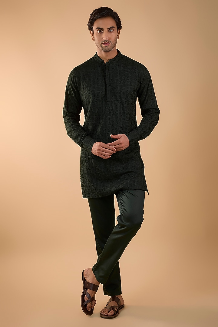Bottle Green Cotton Satin Embroidered Kurta Set by Spring Break Men at Pernia's Pop Up Shop