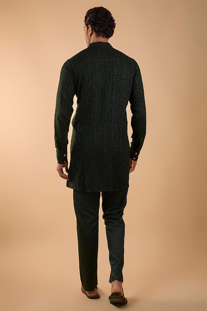 Bottle Green Cotton Satin Embroidered Kurta Set by Spring Break Men at Pernia's Pop Up Shop