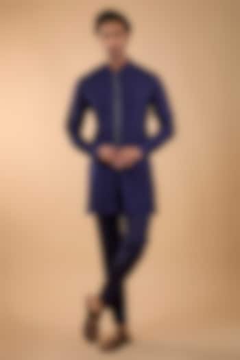 Navy Blue Blended Silk Embroidered Short Kurta Set by Spring Break Men at Pernia's Pop Up Shop