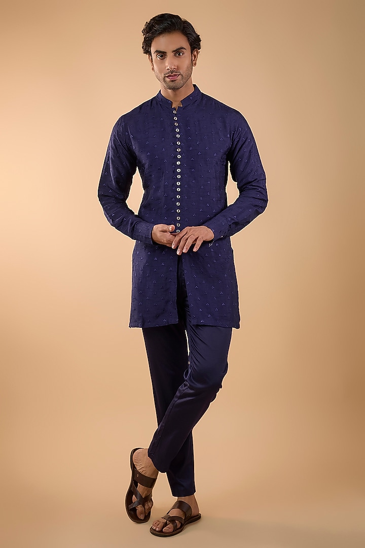 Navy Blue Blended Silk Embroidered Short Kurta Set by Spring Break Men at Pernia's Pop Up Shop