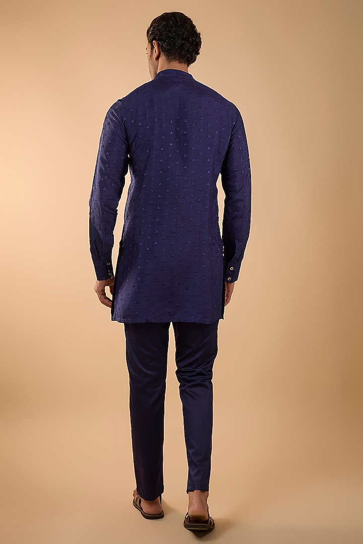 Navy Blue Blended Silk Embroidered Short Kurta Set by Spring Break Men at Pernia's Pop Up Shop