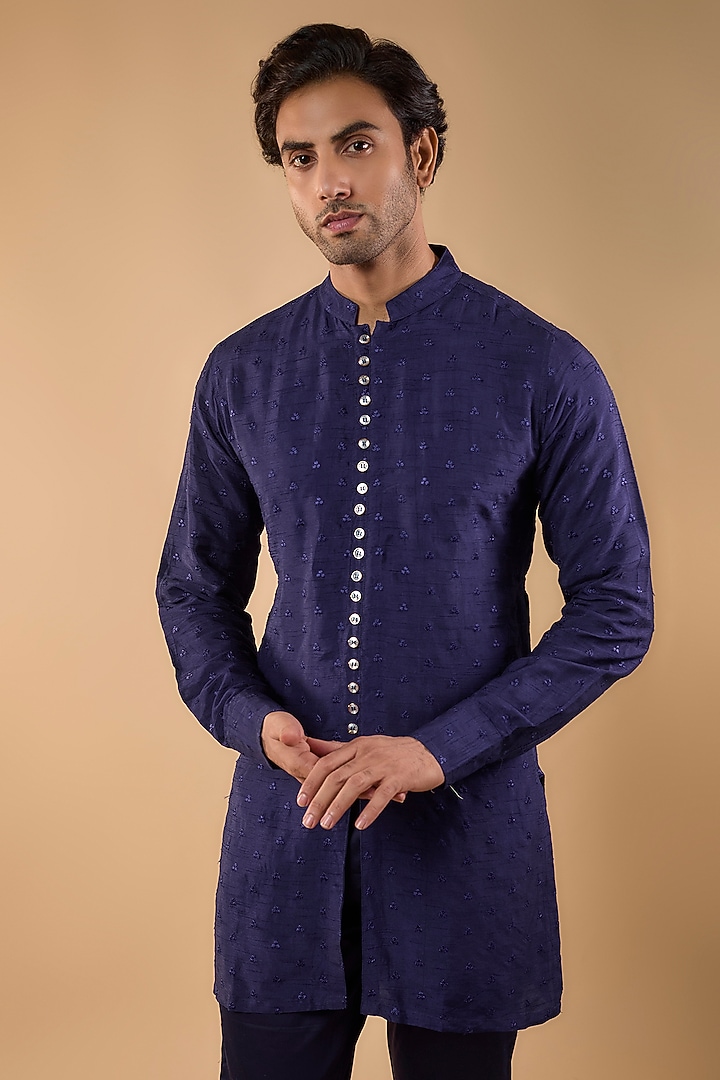 Navy Blue Blended Silk Embroidered Short Kurta Set by Spring Break Men at Pernia's Pop Up Shop