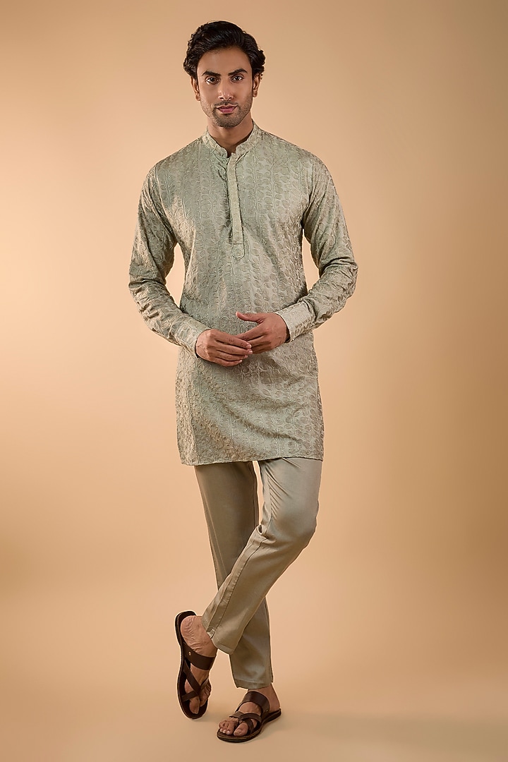 Sage Green Blended Silk Embroidered Kurta Set by Spring Break Men at Pernia's Pop Up Shop