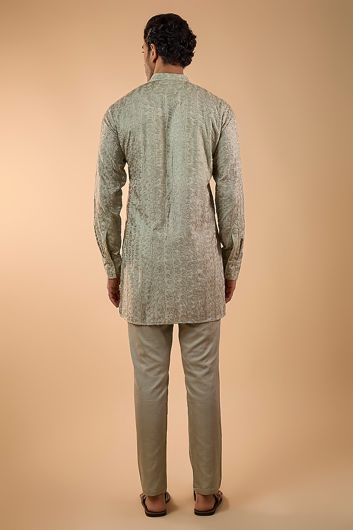 Sage Green Blended Silk Embroidered Kurta Set by Spring Break Men at Pernia's Pop Up Shop