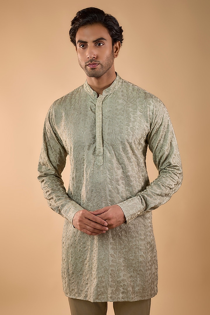 Sage Green Blended Silk Embroidered Kurta Set by Spring Break Men at Pernia's Pop Up Shop