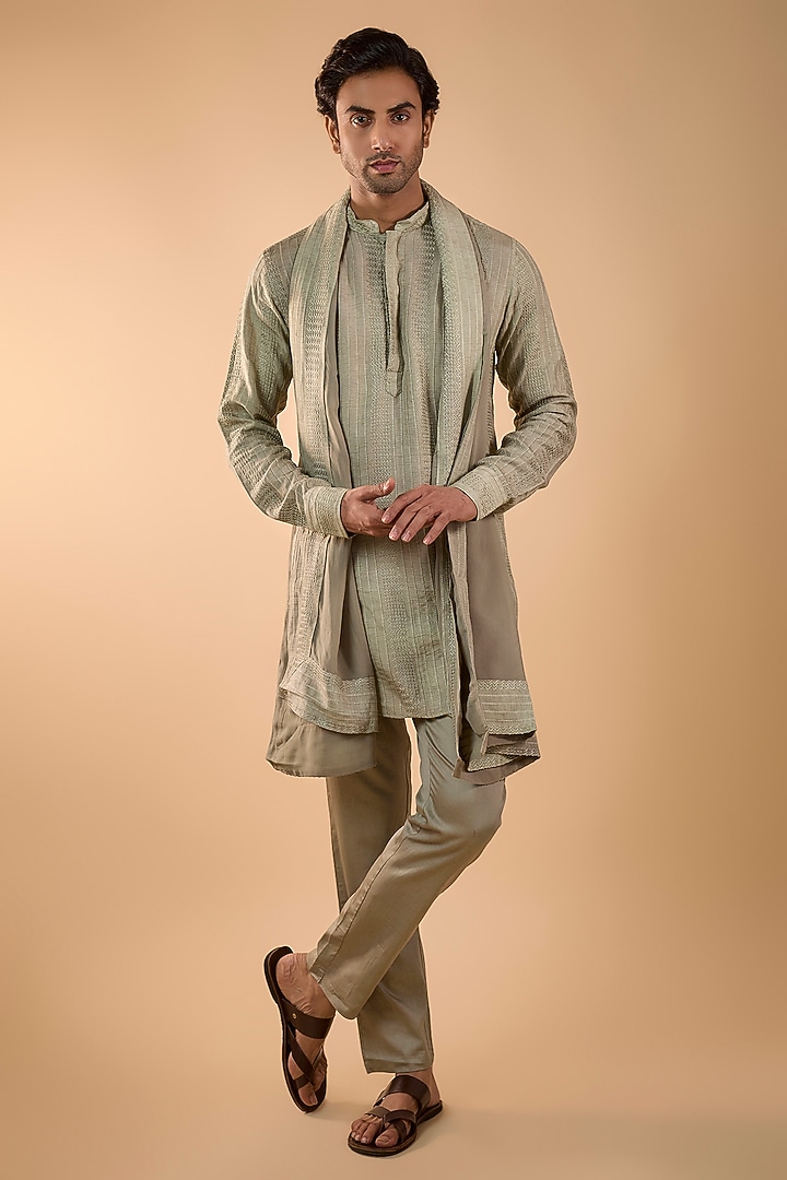 Sage Green Blended Silk Machine Embroidered Kurta Set by Spring Break Men at Pernia's Pop Up Shop