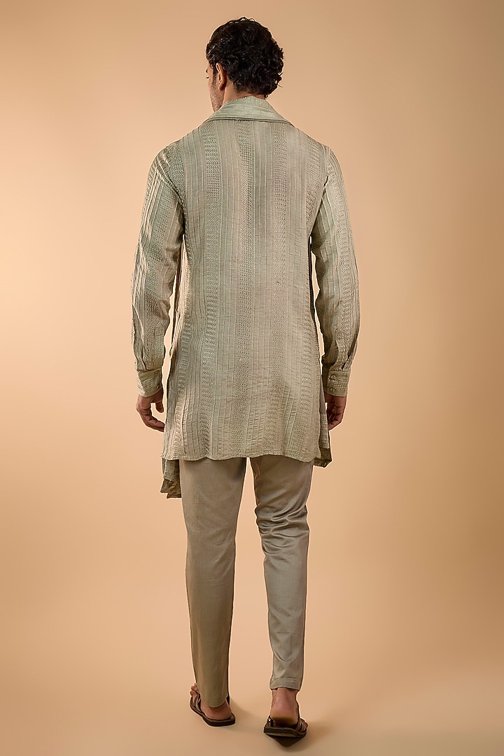 Sage Green Blended Silk Machine Embroidered Kurta Set by Spring Break Men at Pernia's Pop Up Shop