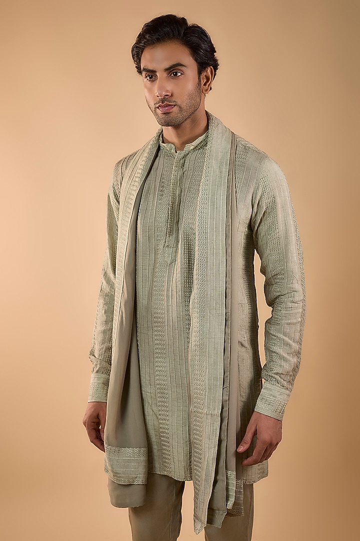 Sage Green Blended Silk Machine Embroidered Kurta Set by Spring Break Men at Pernia's Pop Up Shop
