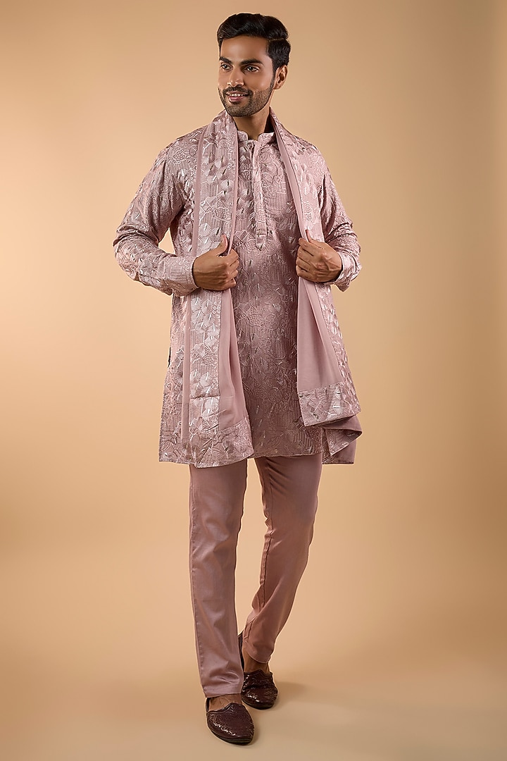 Pink Blended Silk Embroidered Kurta Set by Spring Break Men at Pernia's Pop Up Shop