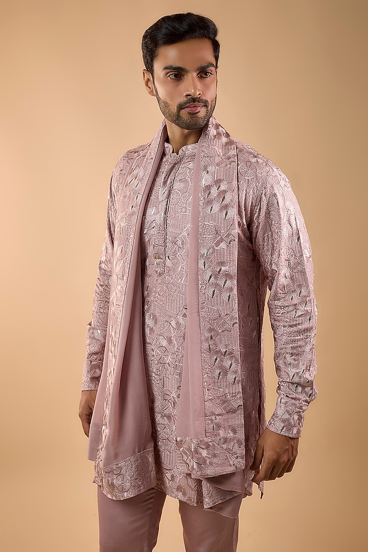 Pink Blended Silk Embroidered Kurta Set by Spring Break Men at Pernia's Pop Up Shop