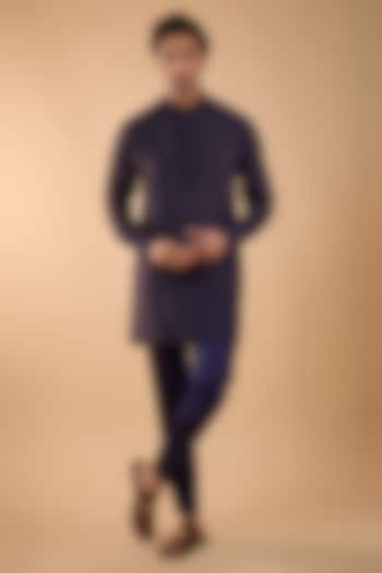 Navy Blue Blended Silk Machine Embroidered Kurta Set by Spring Break Men at Pernia's Pop Up Shop