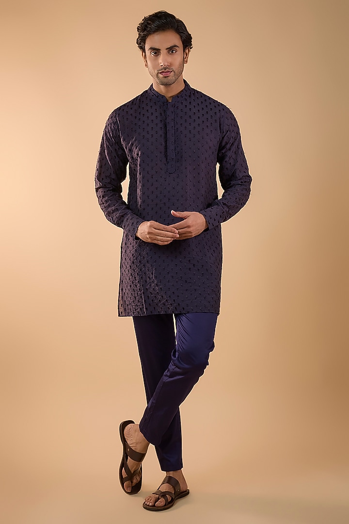 Navy Blue Blended Silk Machine Embroidered Kurta Set by Spring Break Men at Pernia's Pop Up Shop
