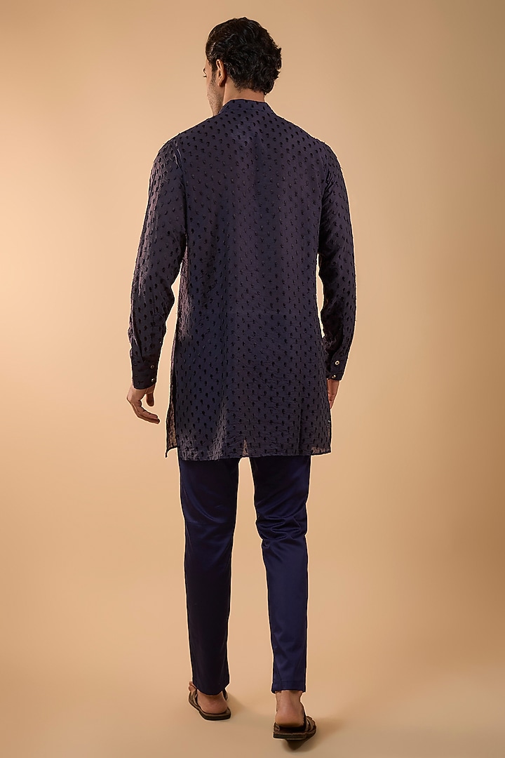 Navy Blue Blended Silk Machine Embroidered Kurta Set by Spring Break Men at Pernia's Pop Up Shop