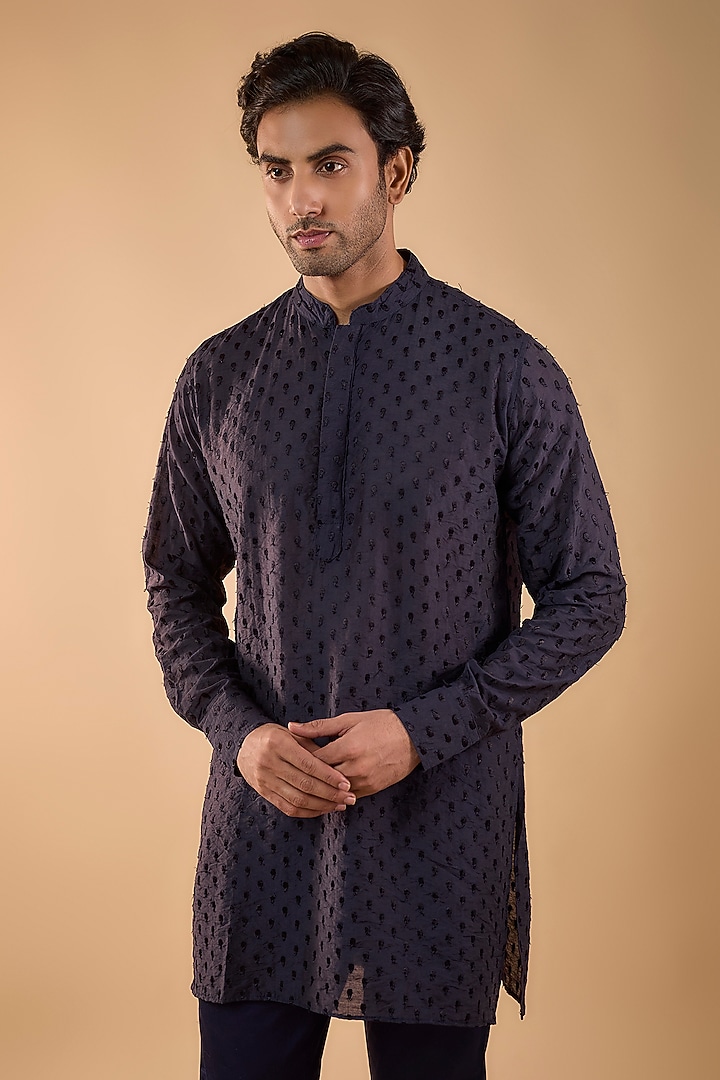 Navy Blue Blended Silk Machine Embroidered Kurta Set by Spring Break Men at Pernia's Pop Up Shop