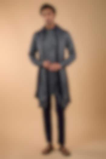 Navy Blue Blended Silk Embroidered Kurta Set by Spring Break Men at Pernia's Pop Up Shop