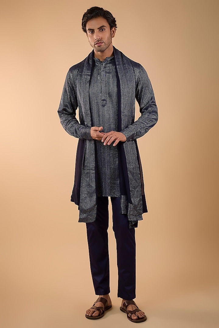 Navy Blue Blended Silk Embroidered Kurta Set by Spring Break Men at Pernia's Pop Up Shop