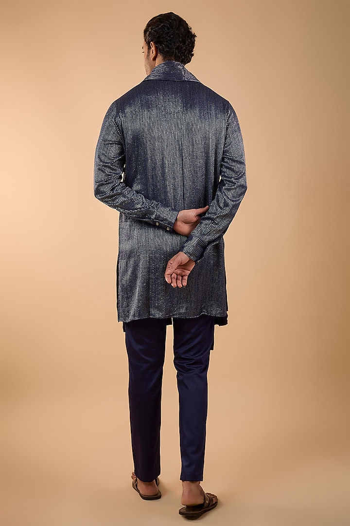 Navy Blue Blended Silk Embroidered Kurta Set by Spring Break Men at Pernia's Pop Up Shop