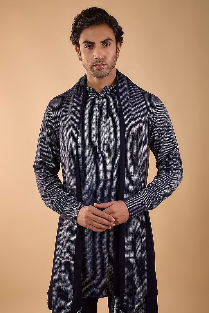 Navy Blue Blended Silk Embroidered Kurta Set by Spring Break Men at Pernia's Pop Up Shop