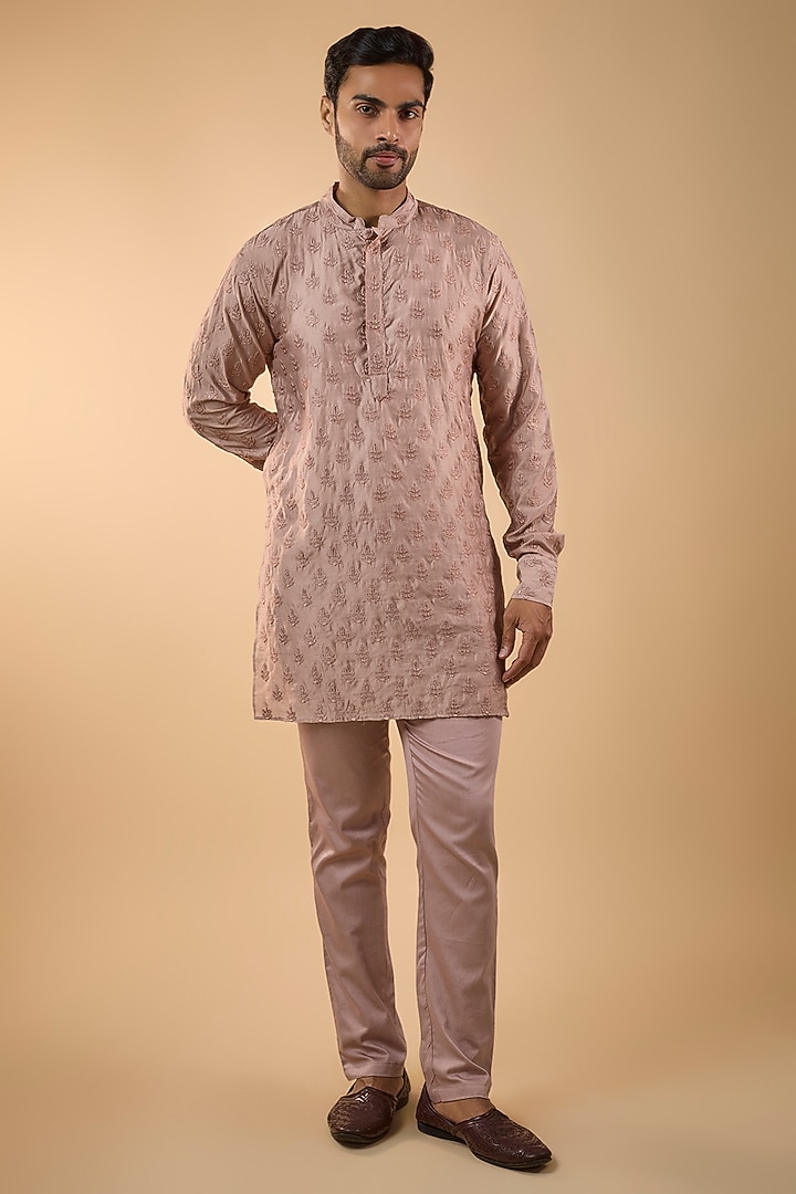 Pink Blended Silk Embroidered Kurta Set by Spring Break Men at Pernia's Pop Up Shop