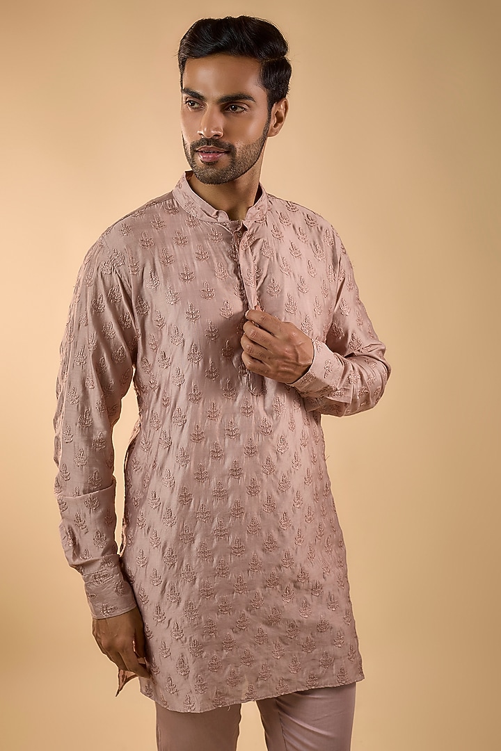Pink Blended Silk Embroidered Kurta Set by Spring Break Men at Pernia's Pop Up Shop