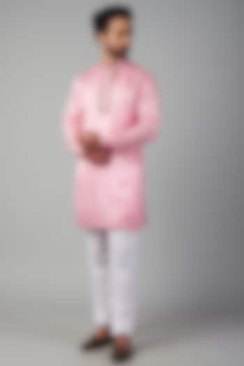 Blush Pink Dupion Silk Applique Embroidered Kurta Set by Spring Break Men