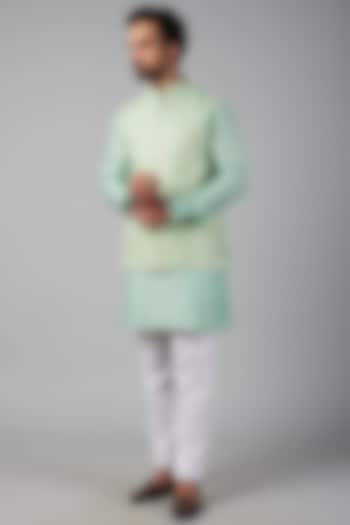 Mint Green Cotton Silk Embroidered Bundi Jacket Set by Spring Break Men at Pernia's Pop Up Shop