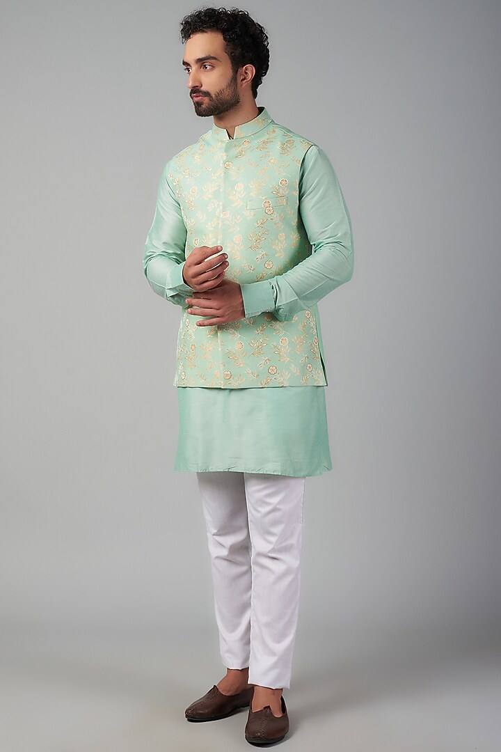 Mint Green Cotton Silk Embroidered Bundi Jacket Set by Spring Break Men at Pernia's Pop Up Shop