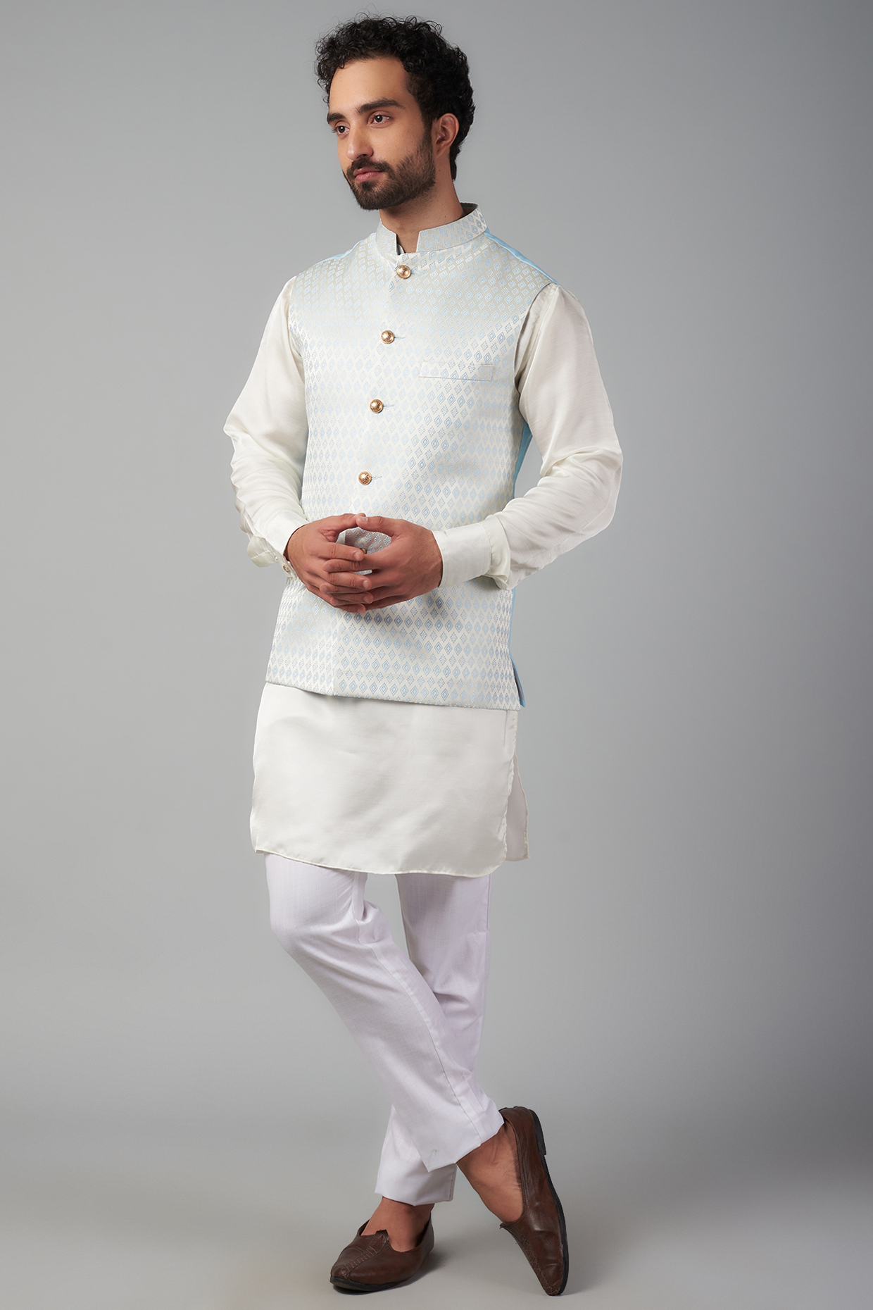 Light Blue Cottton Silk Embroidered Bundi Jacket Set by Spring Break Men