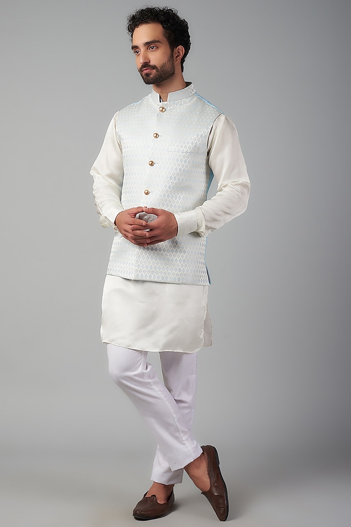 Light Blue Cottton Silk Embroidered Bundi Jacket Set by Spring Break Men