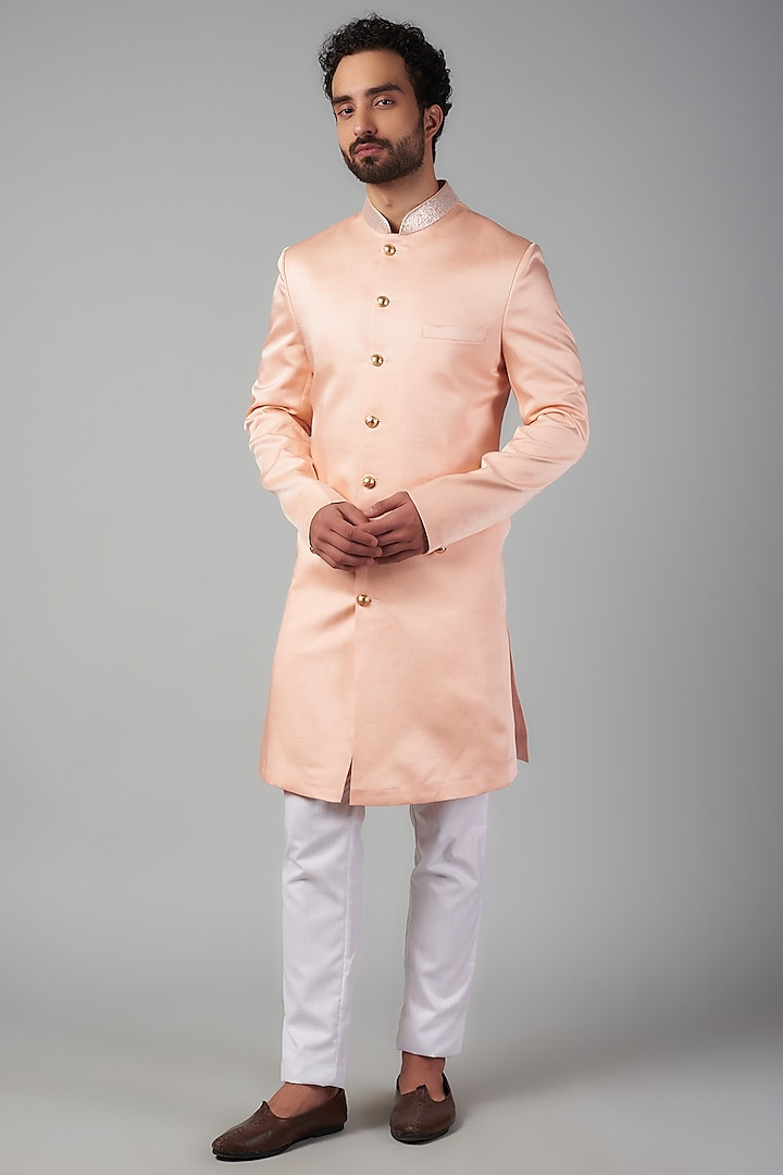 Light Pink Linen Satin Sequins Embroidered Sherwani Set by Spring Break Men