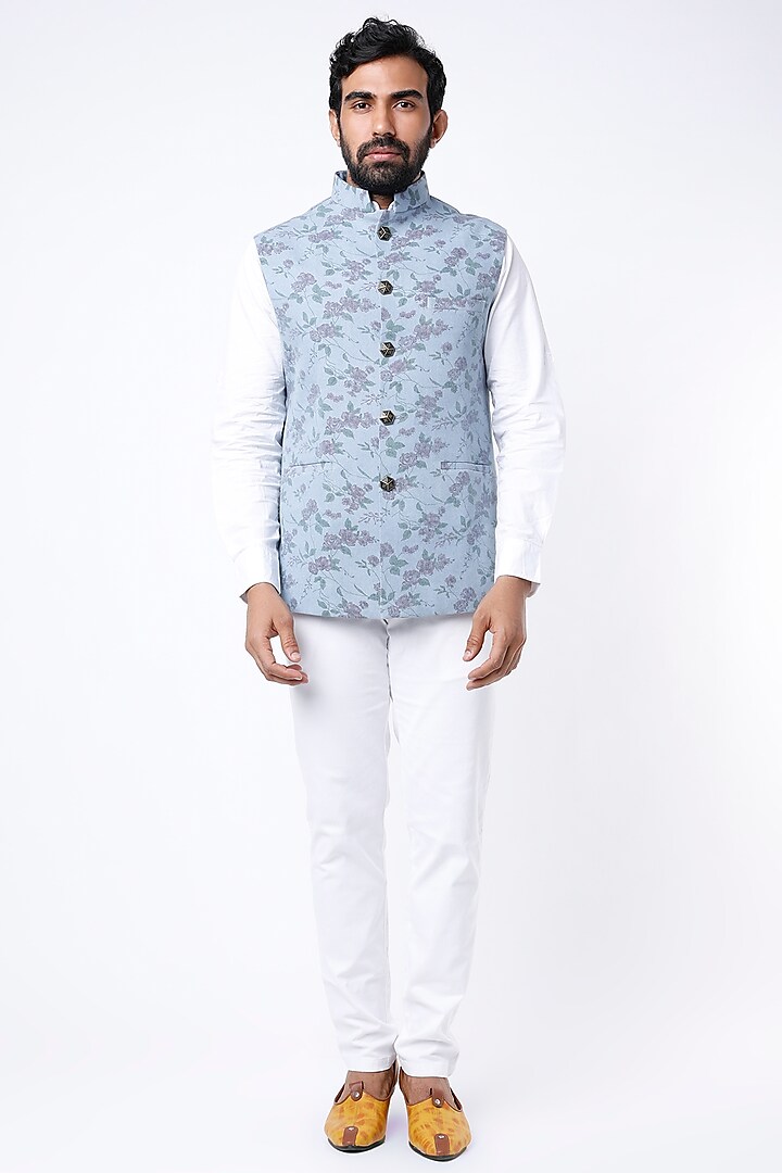 Sky Blue Printed Bundi Jacket by Spring Break Men