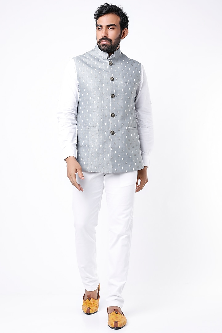 Grey Embroidered Bundi Jacket by Spring Break Men