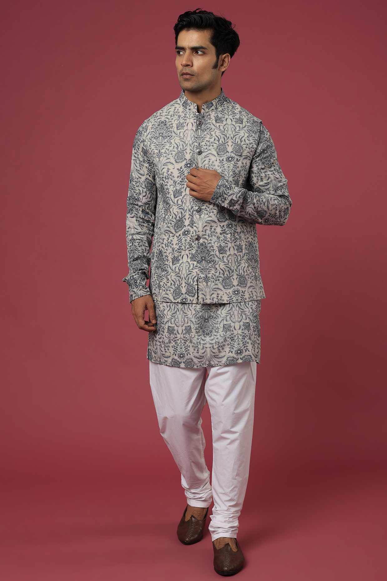 Beige Printed Bundi Jacket With Kurta Set by Spring Break Men