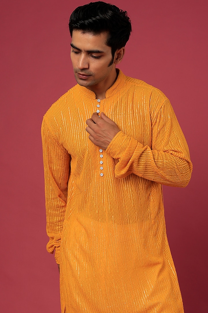 Mustard Embroidered Kurta Set by Spring Break Men at Pernia's Pop Up Shop
